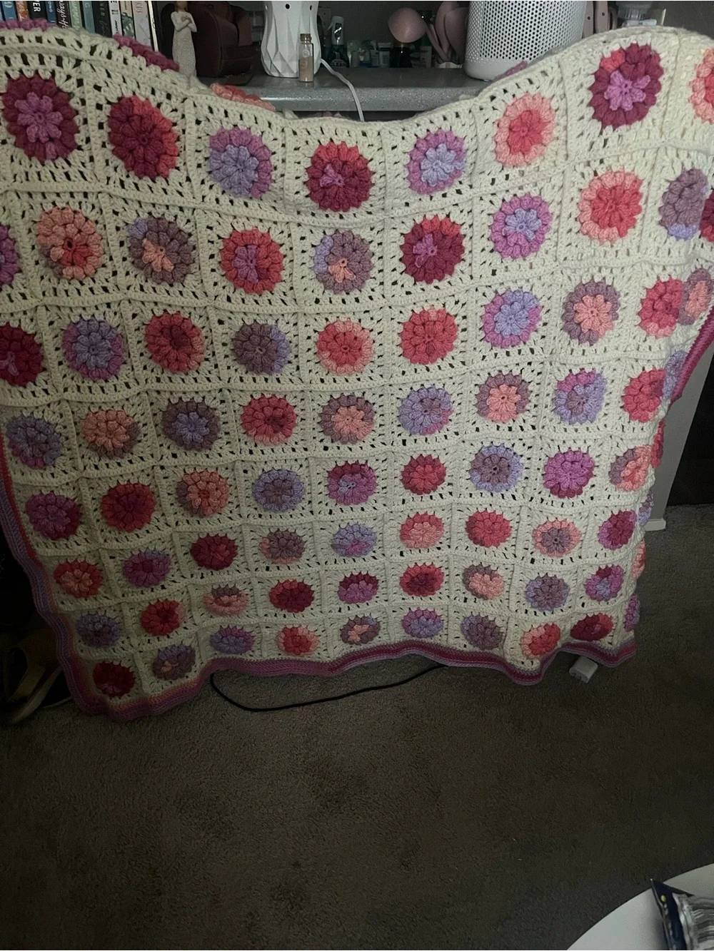 Handmade Crochet Floral Quilt Throw - Pink, Purple & Cream